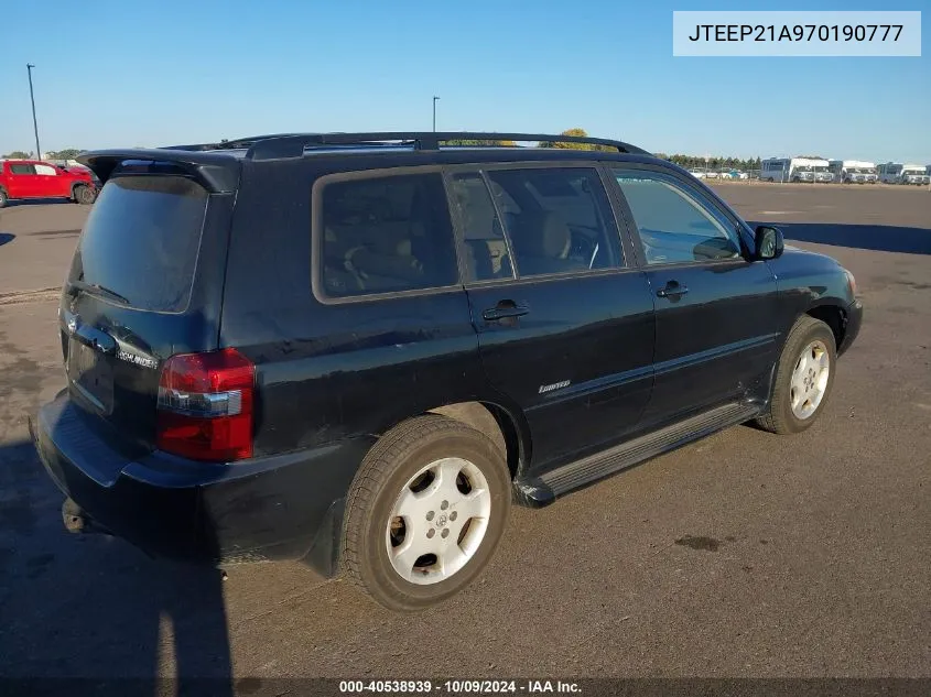 2007 Toyota Highlander Limited V6 VIN: JTEEP21A970190777 Lot: 40538939