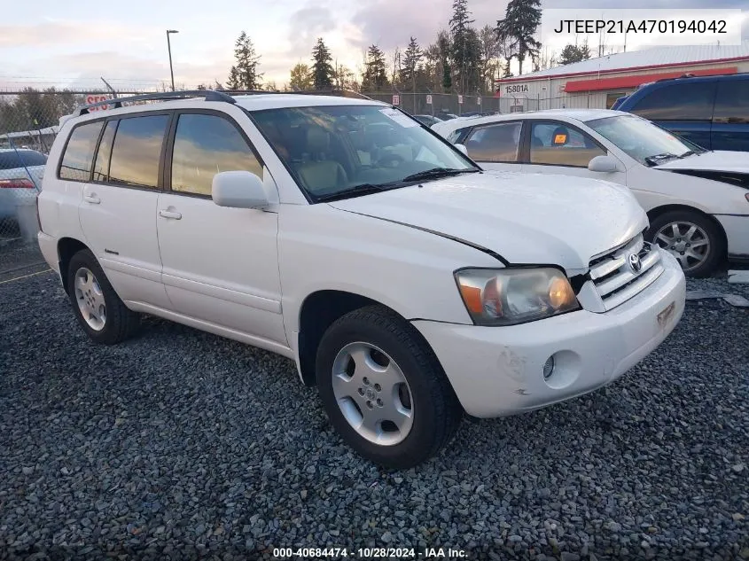 2007 Toyota Highlander Limited V6 VIN: JTEEP21A470194042 Lot: 40684474