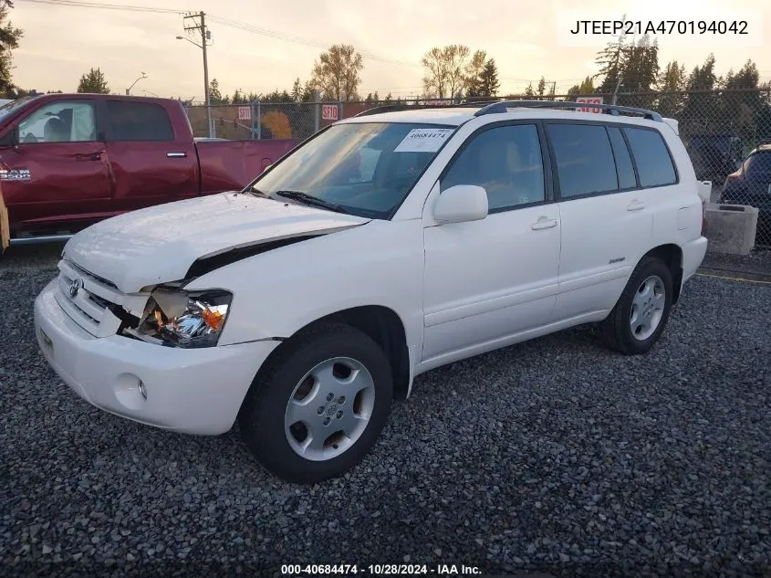 2007 Toyota Highlander Limited V6 VIN: JTEEP21A470194042 Lot: 40684474