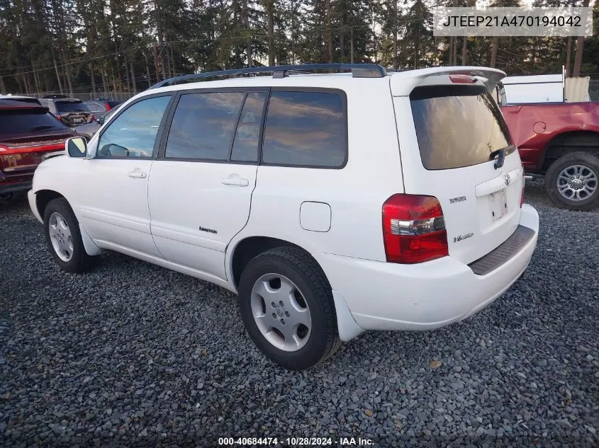 2007 Toyota Highlander Limited V6 VIN: JTEEP21A470194042 Lot: 40684474