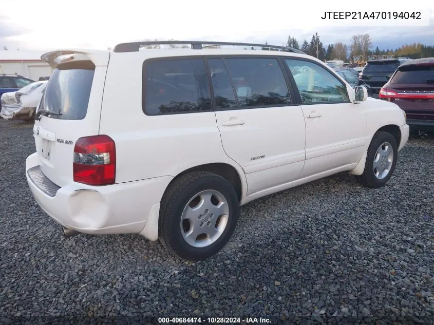 2007 Toyota Highlander Limited V6 VIN: JTEEP21A470194042 Lot: 40684474