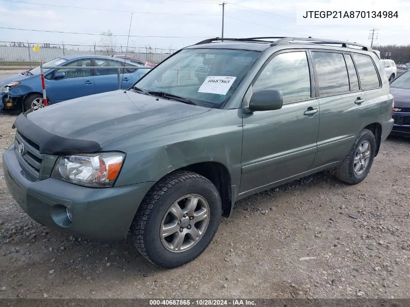 2007 Toyota Highlander V6 VIN: JTEGP21A870134984 Lot: 40687865