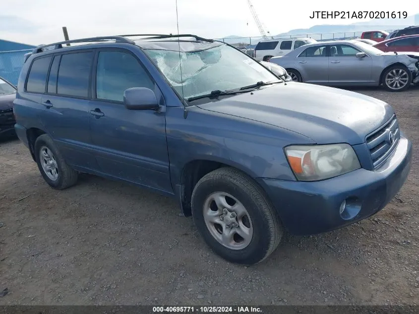 2007 Toyota Highlander V6 VIN: JTEHP21A870201619 Lot: 40695771