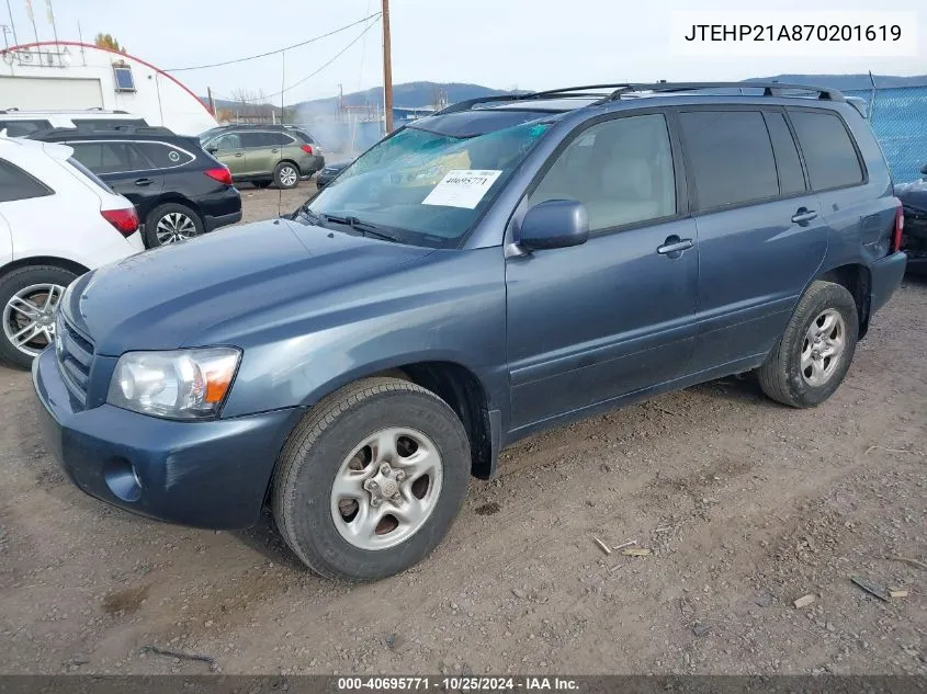 2007 Toyota Highlander V6 VIN: JTEHP21A870201619 Lot: 40695771