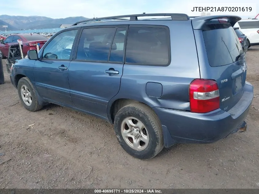 2007 Toyota Highlander V6 VIN: JTEHP21A870201619 Lot: 40695771