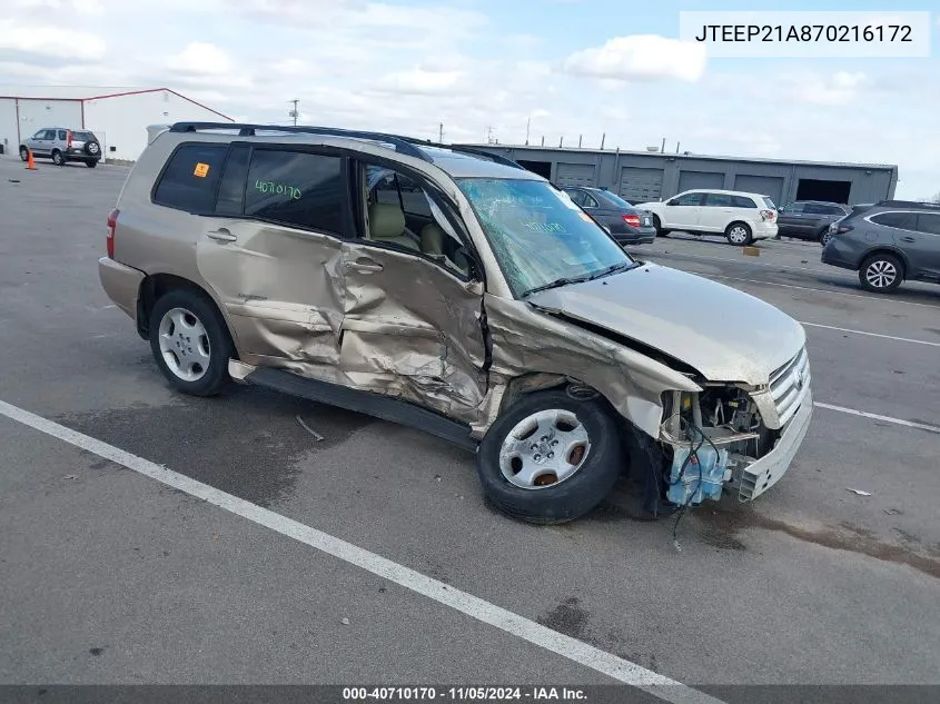 2007 Toyota Highlander Limited V6 VIN: JTEEP21A870216172 Lot: 40710170