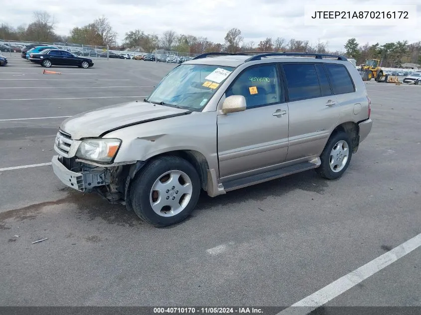 2007 Toyota Highlander Limited V6 VIN: JTEEP21A870216172 Lot: 40710170