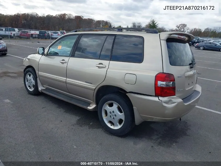 2007 Toyota Highlander Limited V6 VIN: JTEEP21A870216172 Lot: 40710170