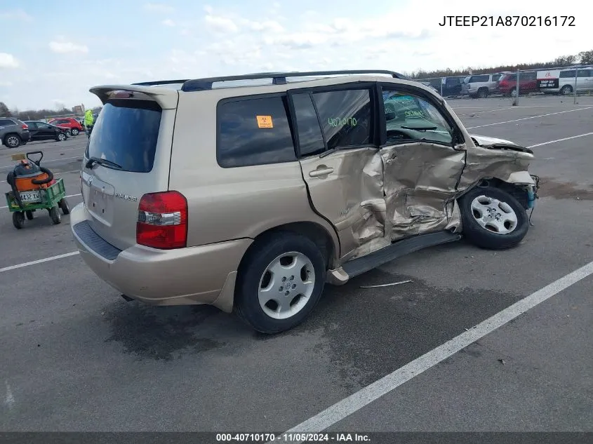 2007 Toyota Highlander Limited V6 VIN: JTEEP21A870216172 Lot: 40710170