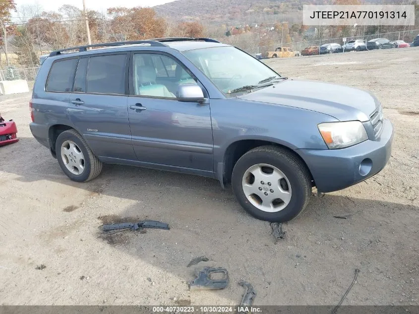 2007 Toyota Highlander Limited V6 VIN: JTEEP21A770191314 Lot: 40730223