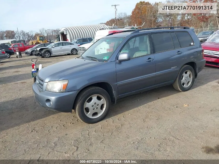 2007 Toyota Highlander Limited V6 VIN: JTEEP21A770191314 Lot: 40730223