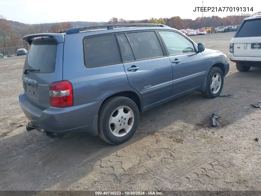 2007 Toyota Highlander Limited V6 VIN: JTEEP21A770191314 Lot: 40730223