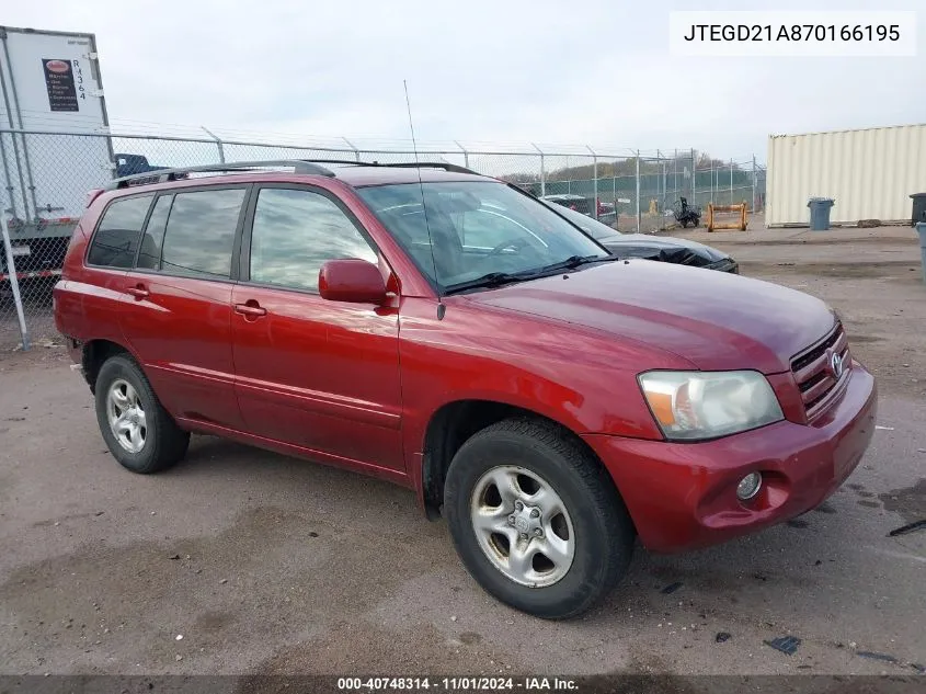 2007 Toyota Highlander VIN: JTEGD21A870166195 Lot: 40748314