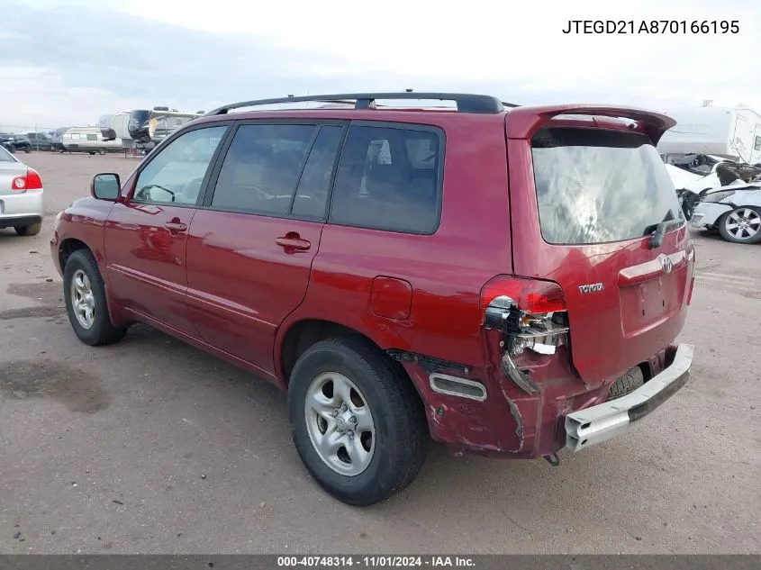 2007 Toyota Highlander VIN: JTEGD21A870166195 Lot: 40748314