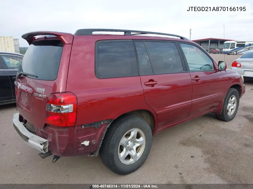 2007 Toyota Highlander VIN: JTEGD21A870166195 Lot: 40748314