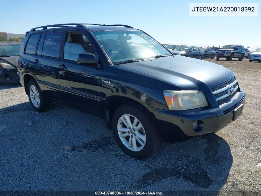 2007 Toyota Highlander Hybrid V6 VIN: JTEGW21A270018392 Lot: 40748596