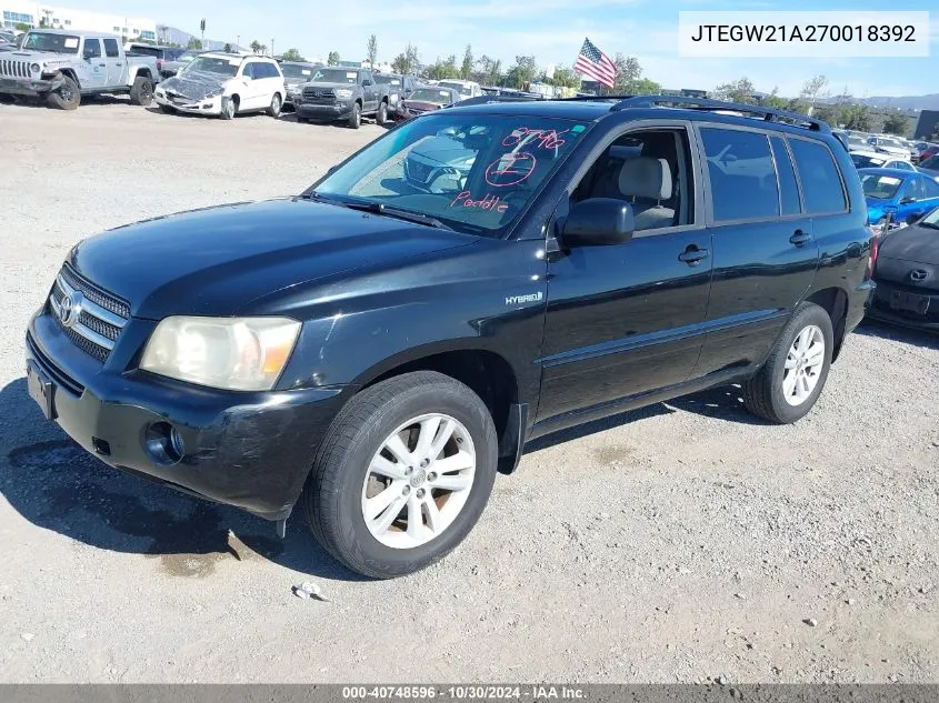 2007 Toyota Highlander Hybrid V6 VIN: JTEGW21A270018392 Lot: 40748596