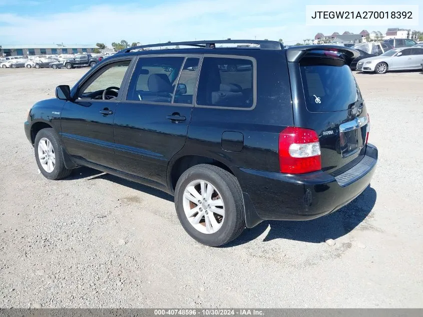 2007 Toyota Highlander Hybrid V6 VIN: JTEGW21A270018392 Lot: 40748596