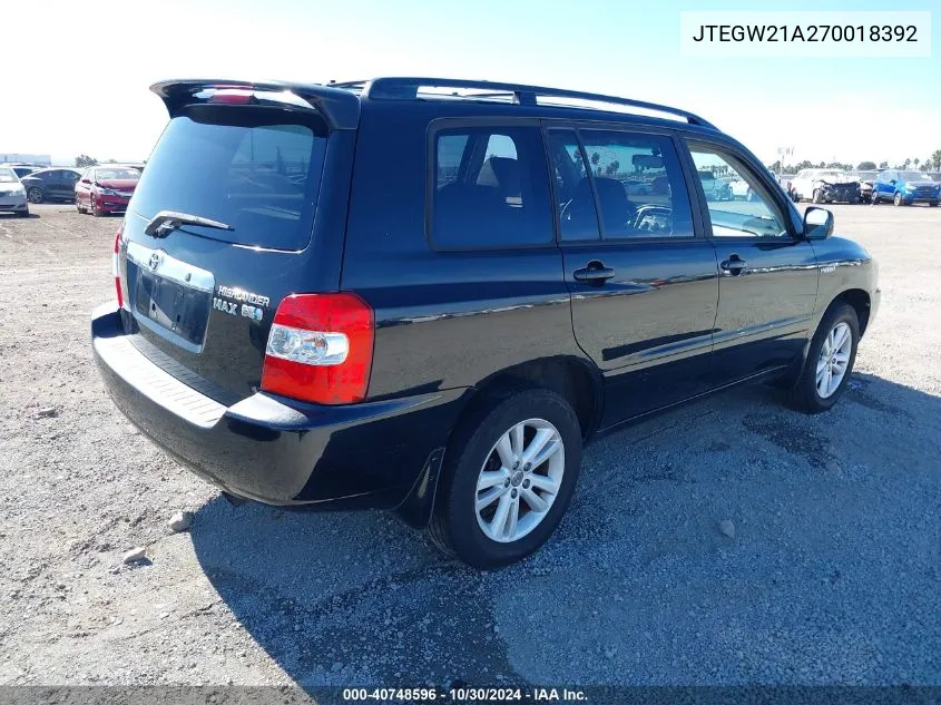 2007 Toyota Highlander Hybrid V6 VIN: JTEGW21A270018392 Lot: 40748596