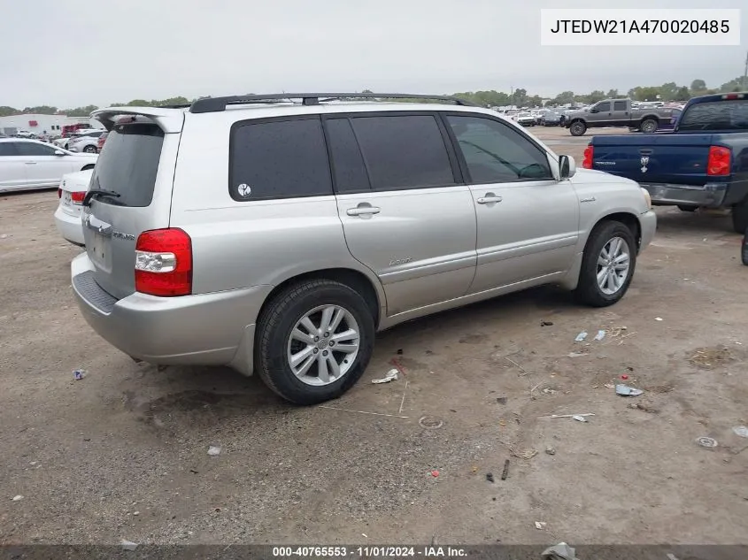 JTEDW21A470020485 2007 Toyota Highlander Hybrid Limited V6