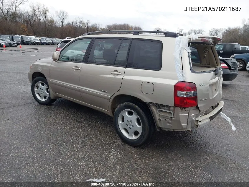 2007 Toyota Highlander Limited V6 VIN: JTEEP21A570211687 Lot: 40780728