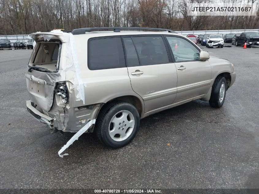 2007 Toyota Highlander Limited V6 VIN: JTEEP21A570211687 Lot: 40780728