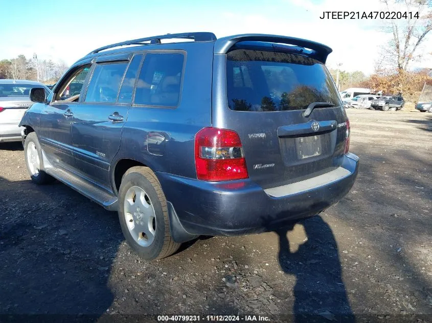 2007 Toyota Highlander Limited V6 VIN: JTEEP21A470220414 Lot: 40799231