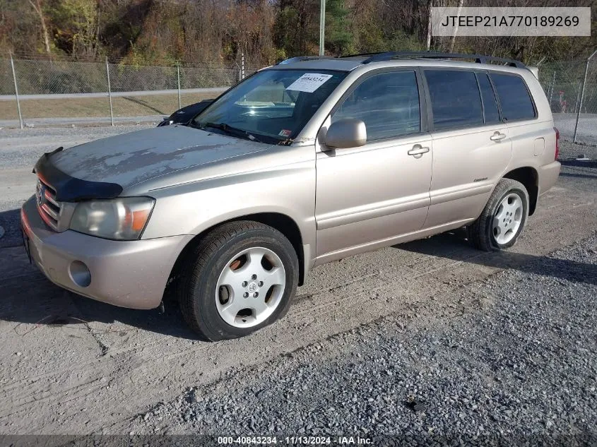 2007 Toyota Highlander Limited V6 VIN: JTEEP21A770189269 Lot: 40843234