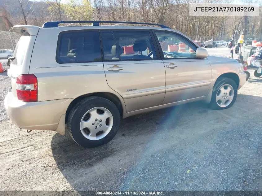 2007 Toyota Highlander Limited V6 VIN: JTEEP21A770189269 Lot: 40843234