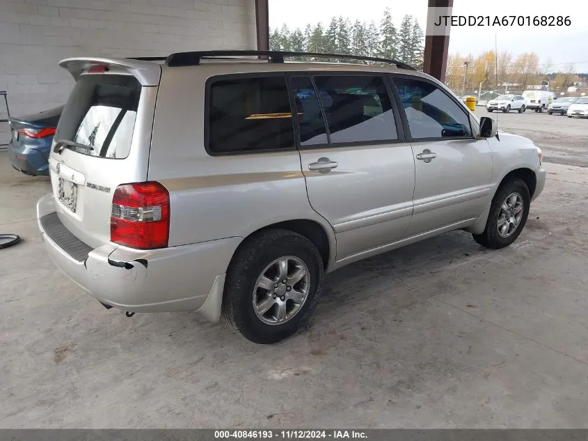 2007 Toyota Highlander VIN: JTEDD21A670168286 Lot: 40846193