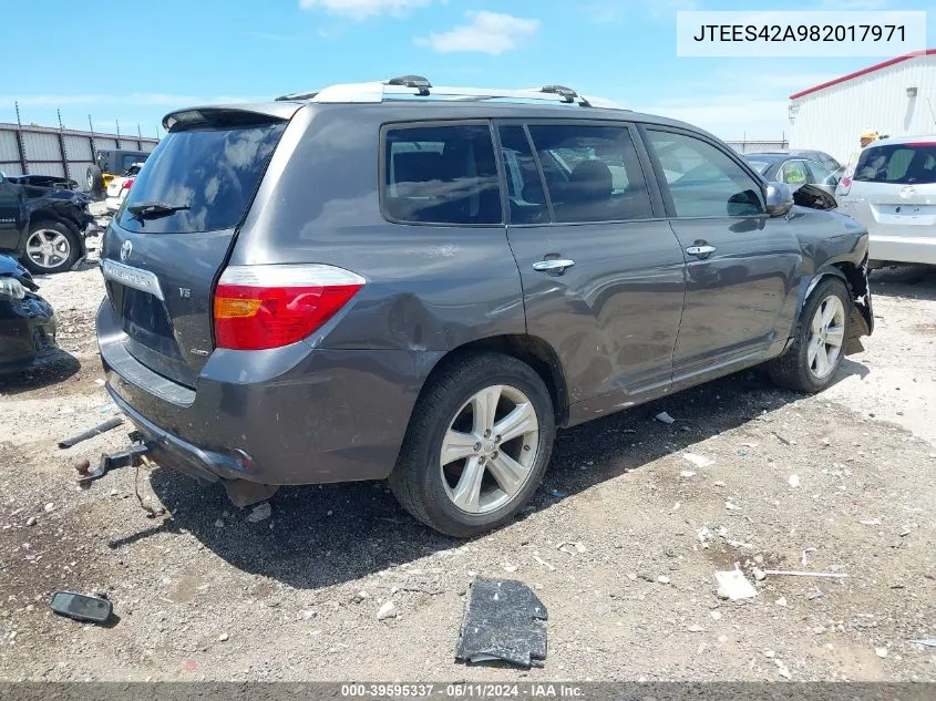 2008 Toyota Highlander Limited VIN: JTEES42A982017971 Lot: 39595337