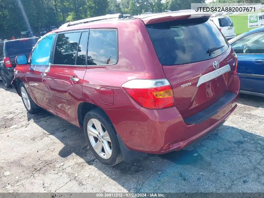 2008 Toyota Highlander Limited VIN: JTEDS42A882007671 Lot: 39911212