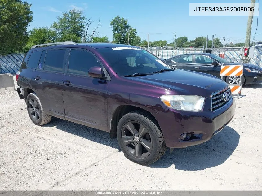 2008 Toyota Highlander Sport VIN: JTEES43A582008005 Lot: 40007611