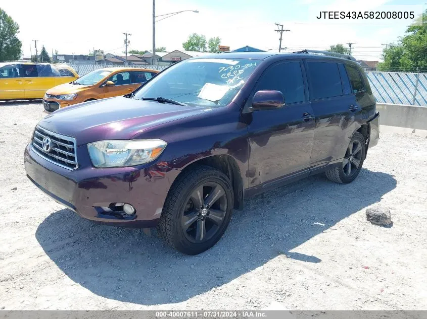 2008 Toyota Highlander Sport VIN: JTEES43A582008005 Lot: 40007611