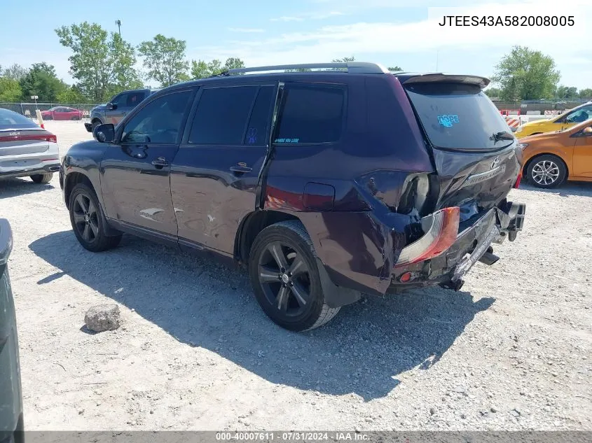 2008 Toyota Highlander Sport VIN: JTEES43A582008005 Lot: 40007611