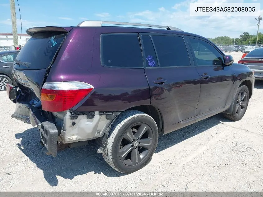 2008 Toyota Highlander Sport VIN: JTEES43A582008005 Lot: 40007611