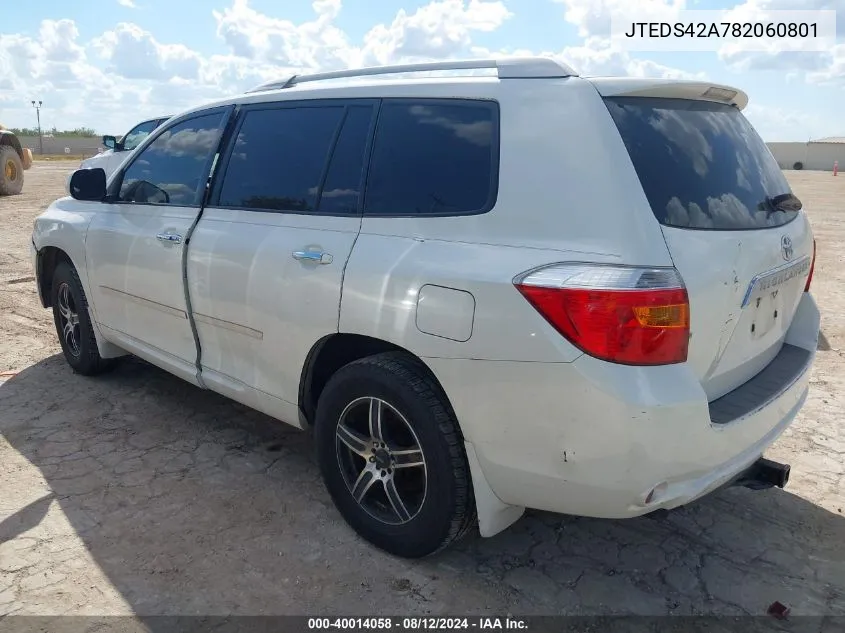 2008 Toyota Highlander Limited VIN: JTEDS42A782060801 Lot: 40014058