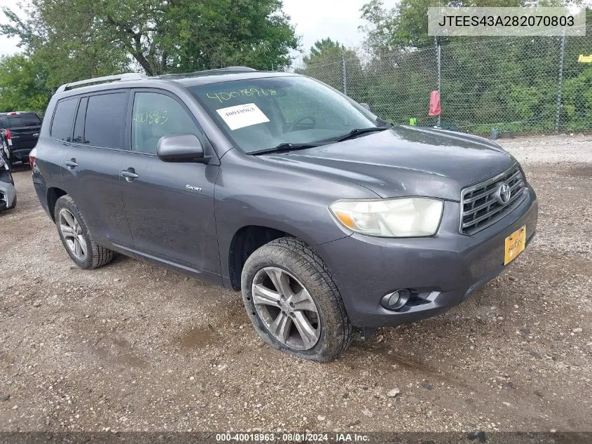 2008 Toyota Highlander Sport VIN: JTEES43A282070803 Lot: 40018963