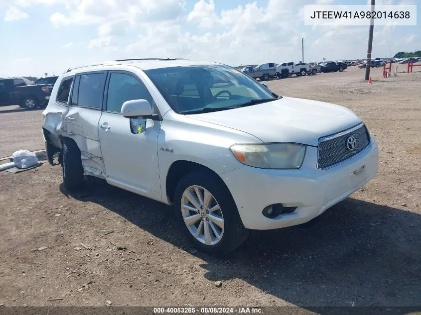 2008 Toyota Highlander Hybrid VIN: JTEEW41A982014638 Lot: 40053265