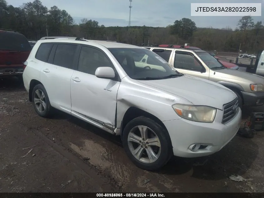 2008 Toyota Highlander Sport VIN: JTEDS43A282022598 Lot: 40124065