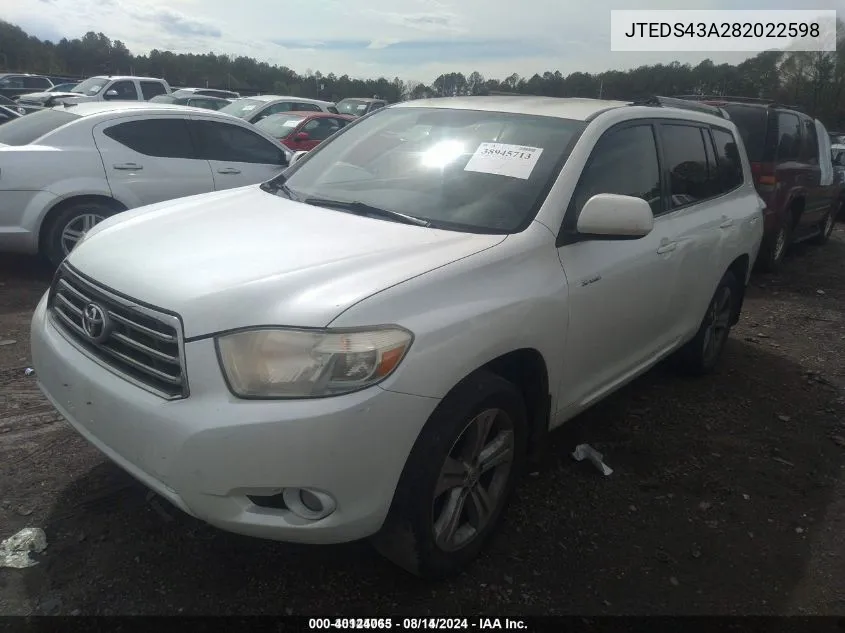 2008 Toyota Highlander Sport VIN: JTEDS43A282022598 Lot: 40124065