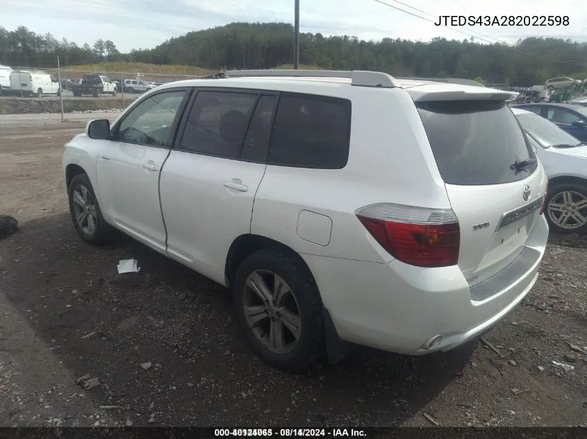 2008 Toyota Highlander Sport VIN: JTEDS43A282022598 Lot: 40124065