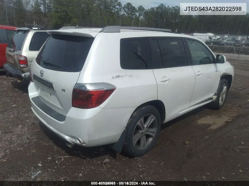 2008 Toyota Highlander Sport VIN: JTEDS43A282022598 Lot: 40124065