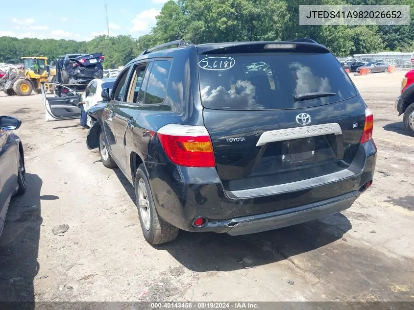 2008 Toyota Highlander VIN: JTEDS41A982026652 Lot: 40143458