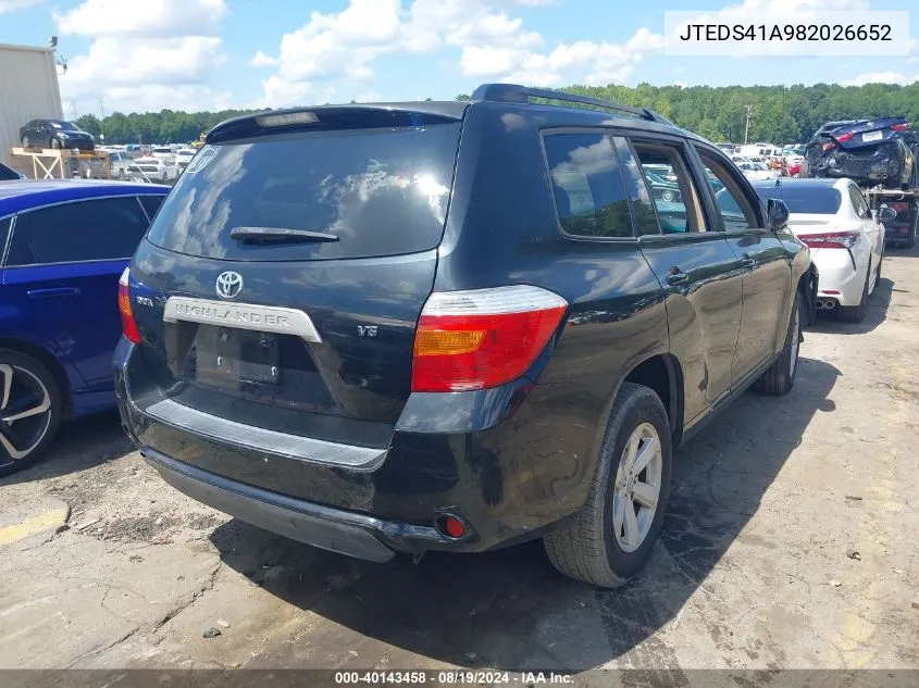 2008 Toyota Highlander VIN: JTEDS41A982026652 Lot: 40143458