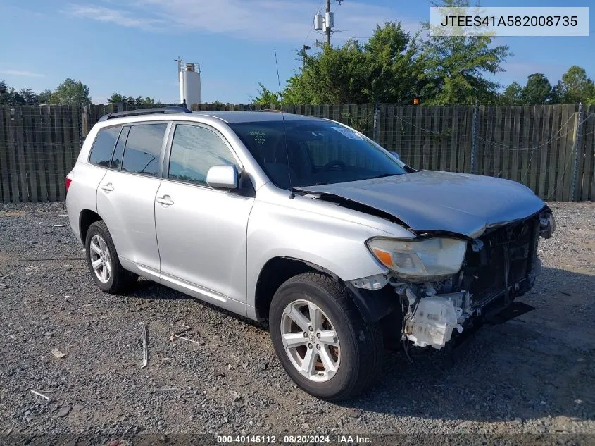 2008 Toyota Highlander VIN: JTEES41A582008735 Lot: 40145112