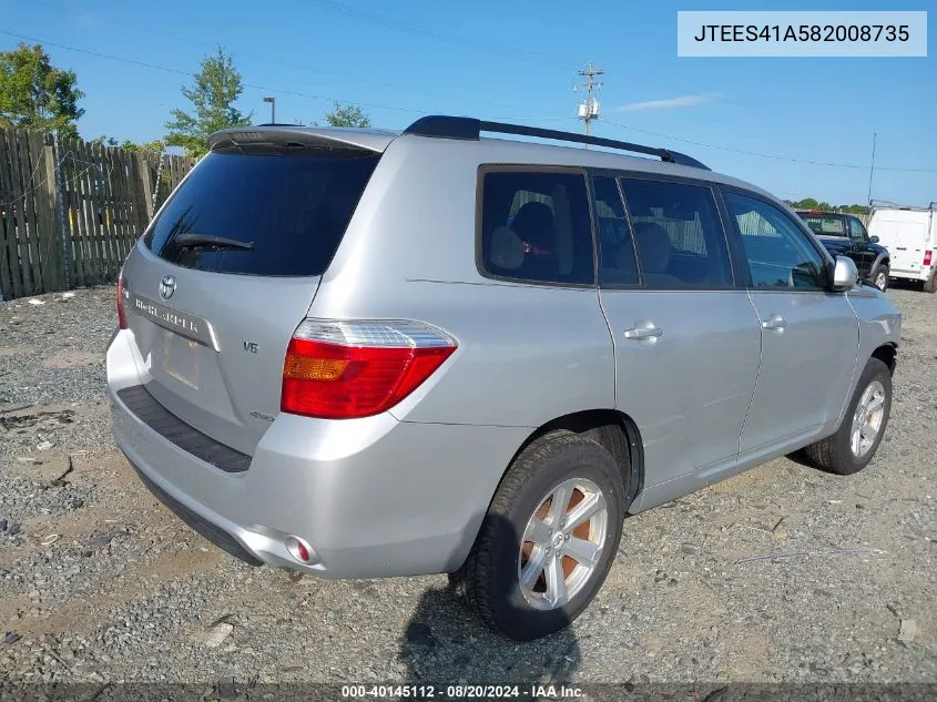 2008 Toyota Highlander VIN: JTEES41A582008735 Lot: 40145112