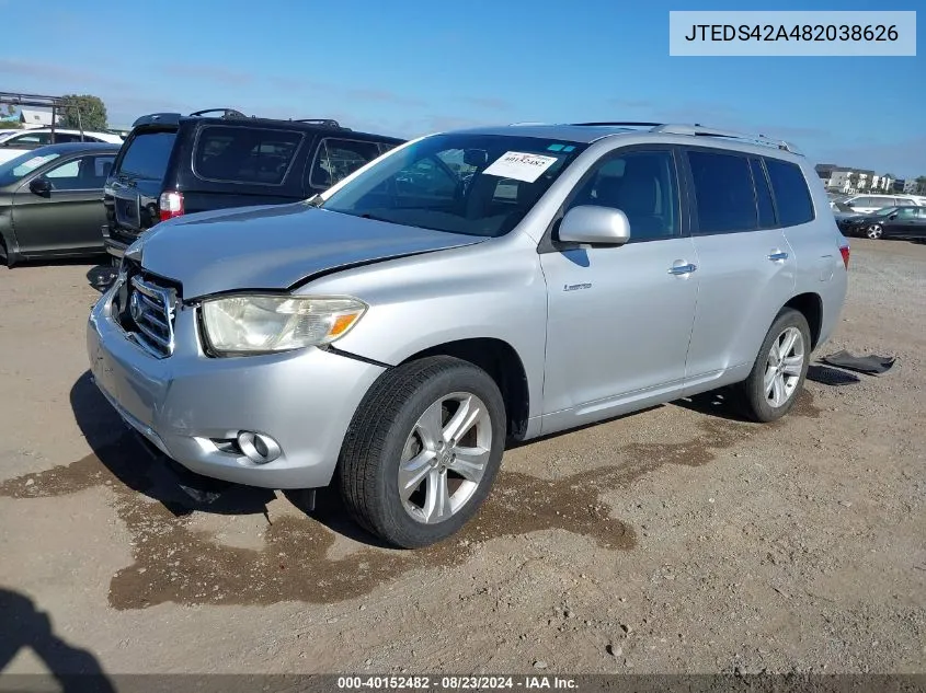 2008 Toyota Highlander Limited VIN: JTEDS42A482038626 Lot: 40152482