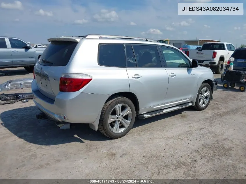 2008 Toyota Highlander Sport VIN: JTEDS43A082034734 Lot: 40171743