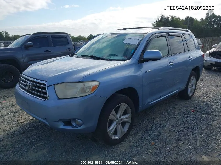 2008 Toyota Highlander Limited VIN: JTEES42A182092230 Lot: 40216884